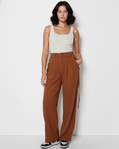 bottomwear,trousers,semi-formal,workwear,stretchable,polyester, spandex,rust,relaxed fit,wide leg,full length,high rise, OY980, 24090006GG