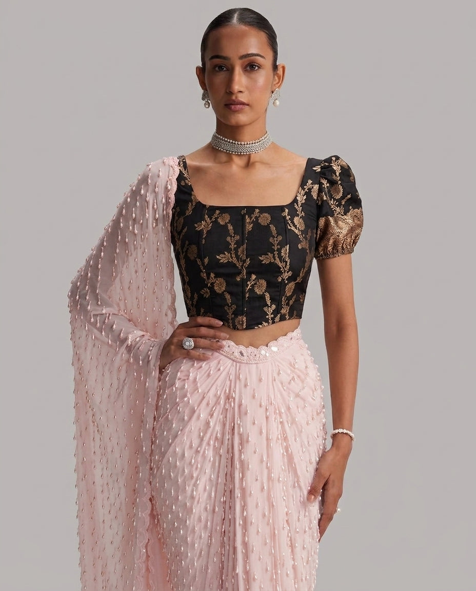 Black Puff Sleeves Brocade Corset Top