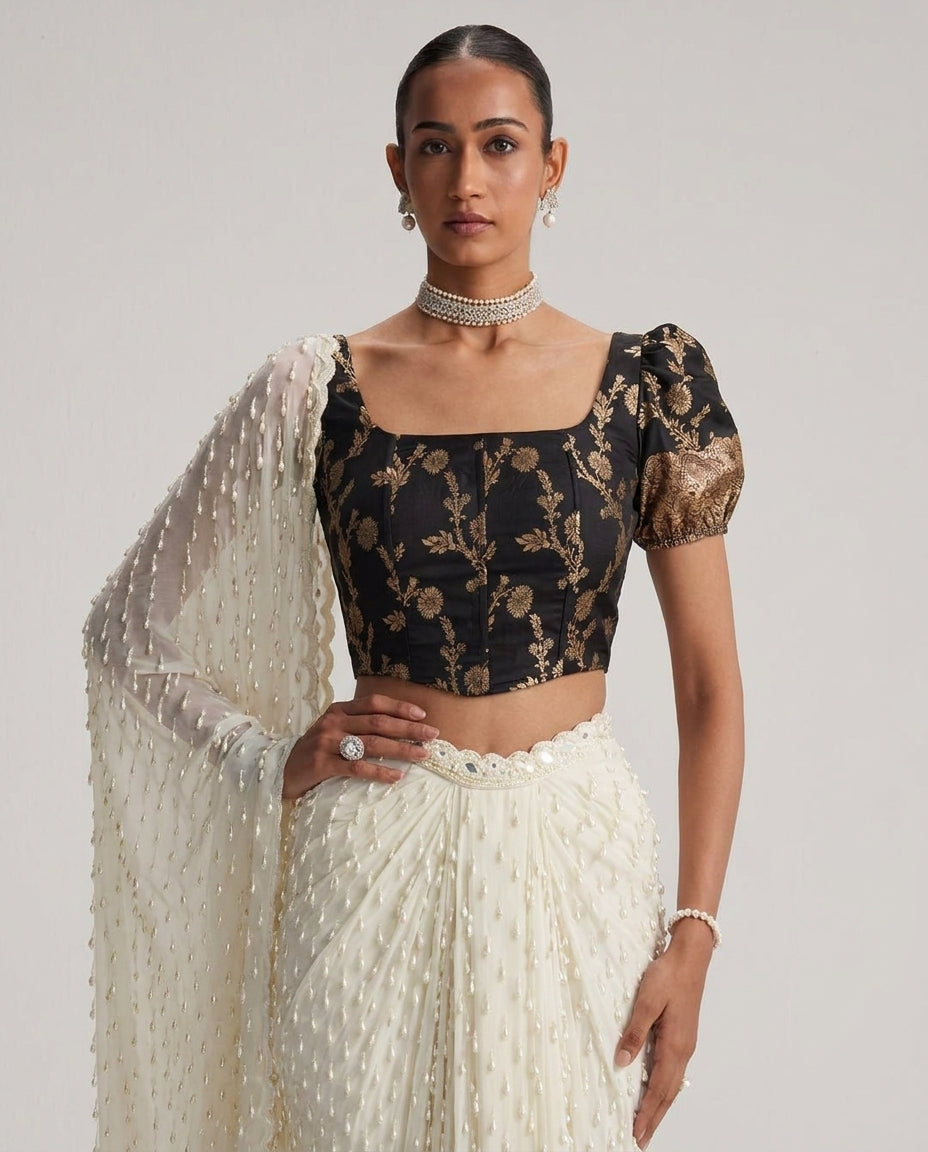 Black Puff Sleeves Brocade Corset Top