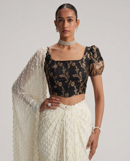 Black Puff Sleeves Brocade Corset Top