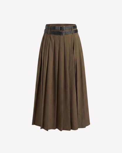 Brown Pleated Slit Skirt With Detachable Belts