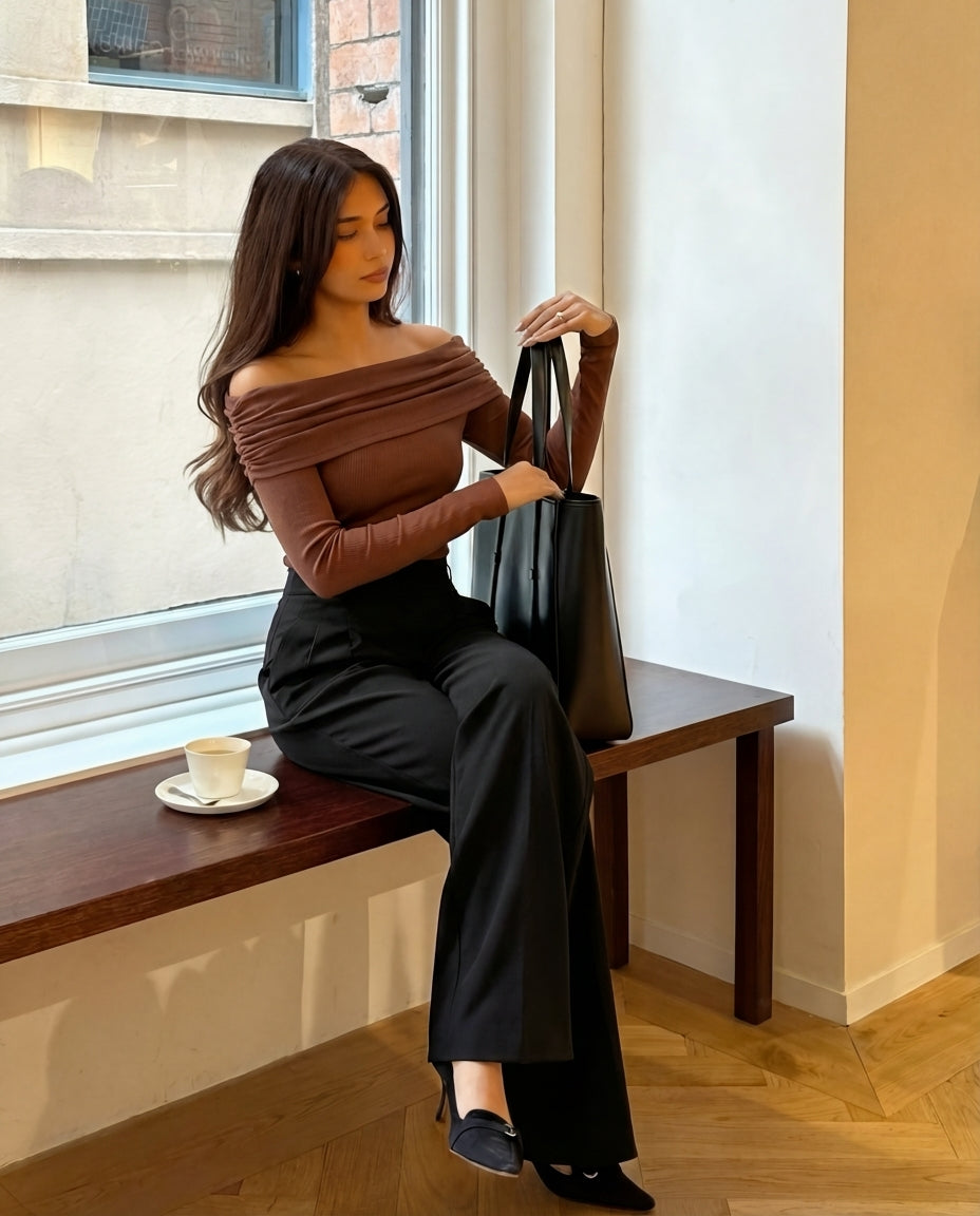 Off Shoulder Top With Pleated Korean Pants Cord Set