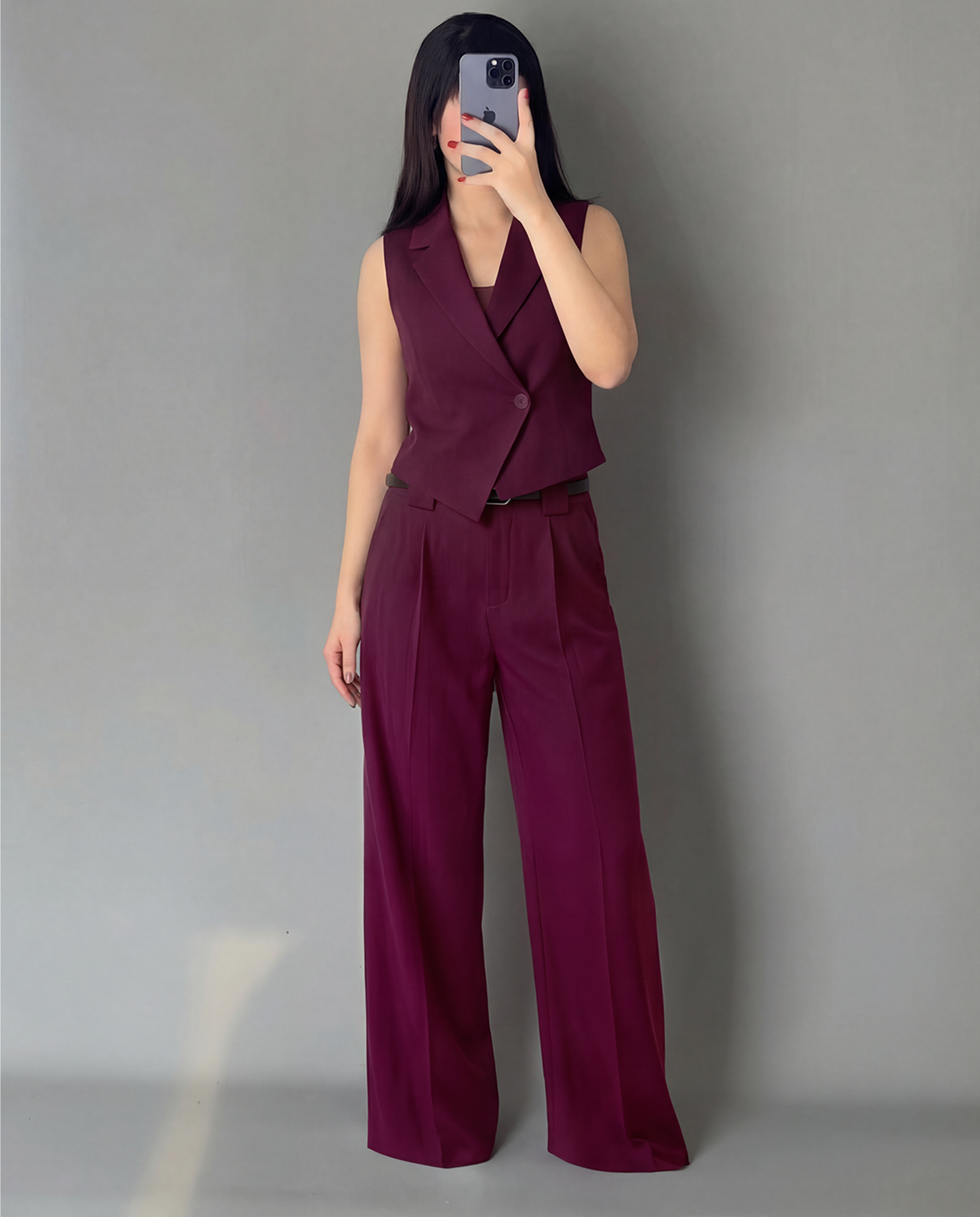 Maroon Vest And Pleated Trousers Set (Belt Included)