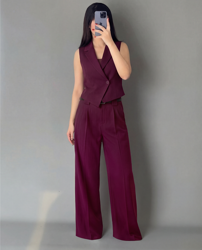 Maroon Vest And Pleated Trousers Set (Belt Included)