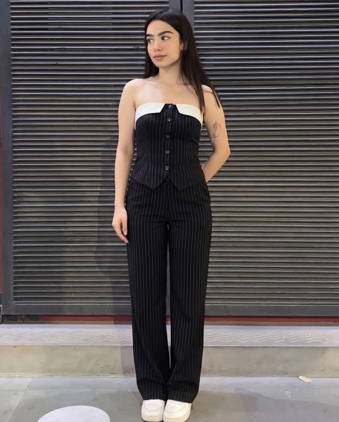 Pinstripes Button-Front Corset Top With Straight Pants