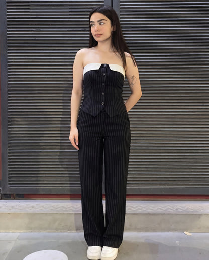 Pinstripes Button-Front Corset Top With Straight Pants