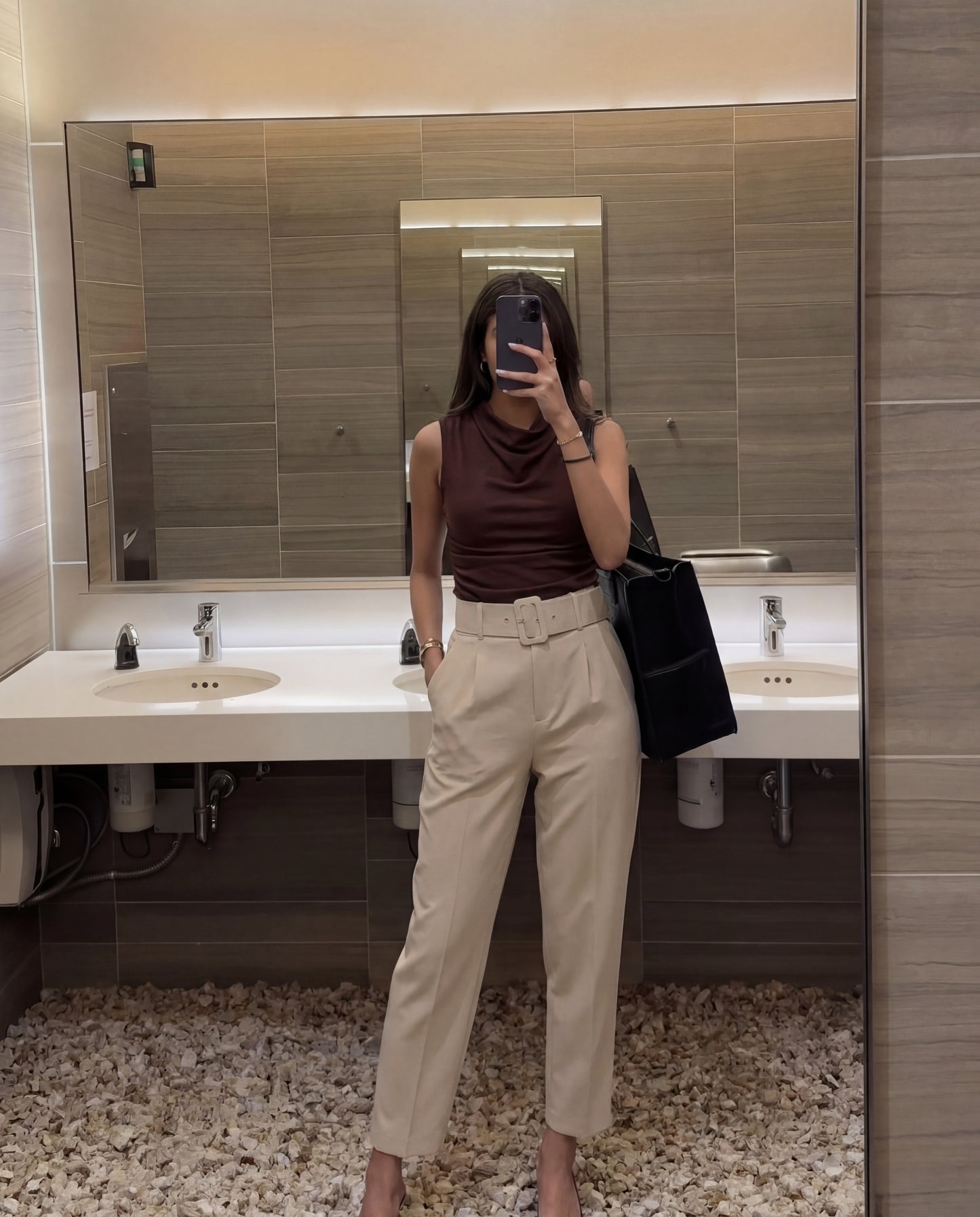 Brown Cowl Neck Ribbed Top And Beige Belted Tapered Pants Set