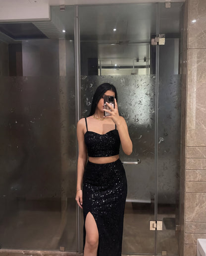 Black Sequin Top and Skirt Coord Set