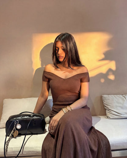 Brown Ribbed Knit Off Shoulder Top And Maxi Skirt Set