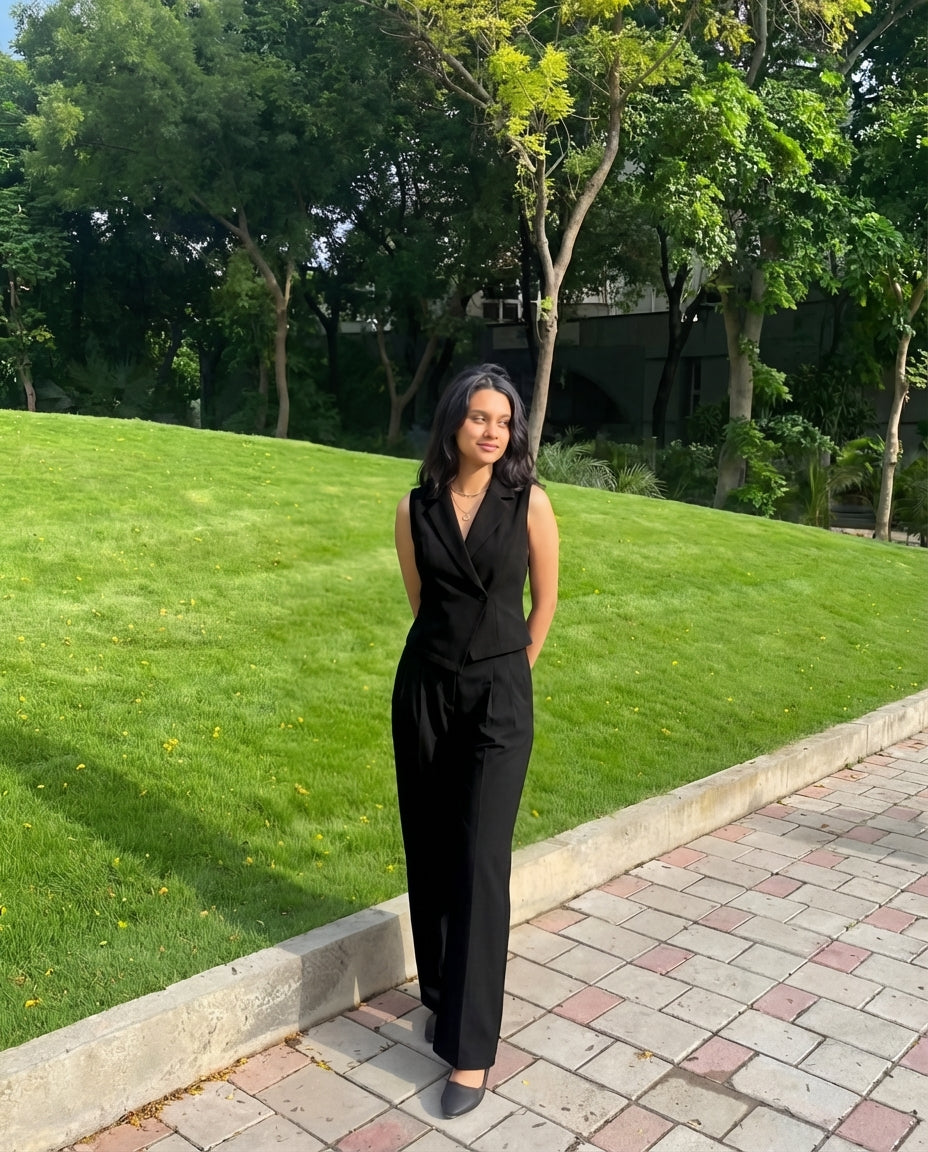 Notch Collar Waist Coat And Korean Trousers - Black