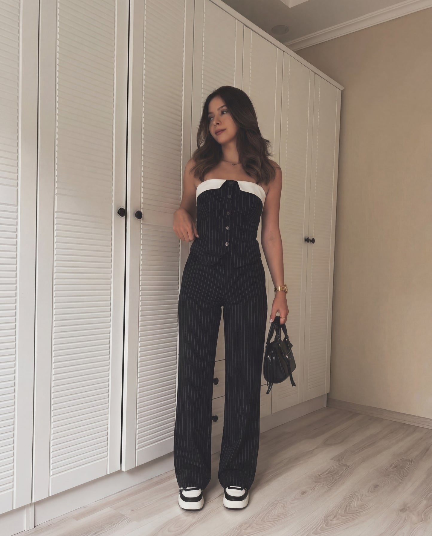 Pinstripes Button-Front Corset Top With Straight Pants