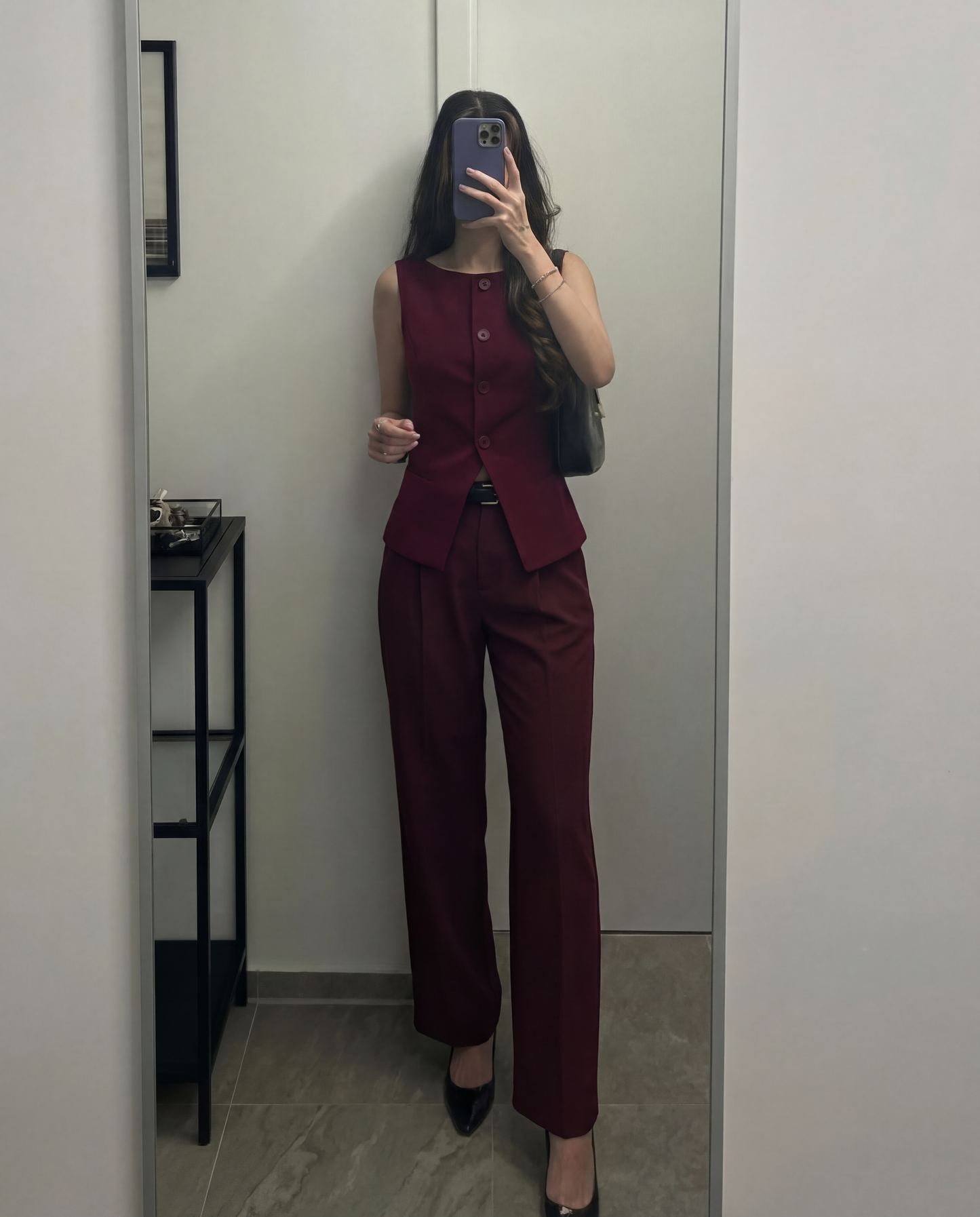 Maroon Boat Neck Slit Waist Coat And Pleated Pants With Belt