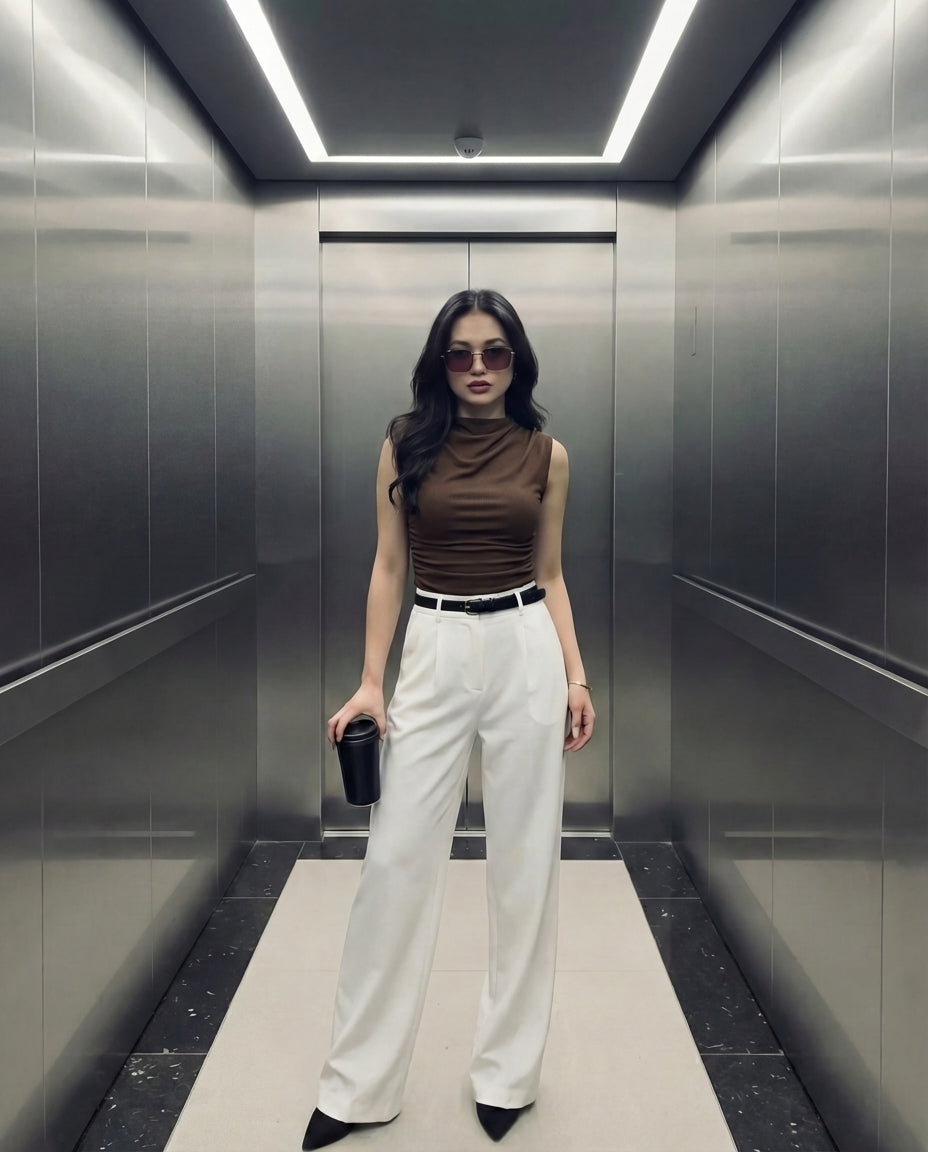 Brown Cowl Neck Ribbed Top And White Pleated Pants Set (With Belt)