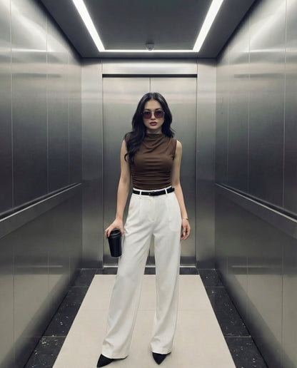 Brown Cowl Neck Ribbed Top And White Pleated Pants Set (With Belt)