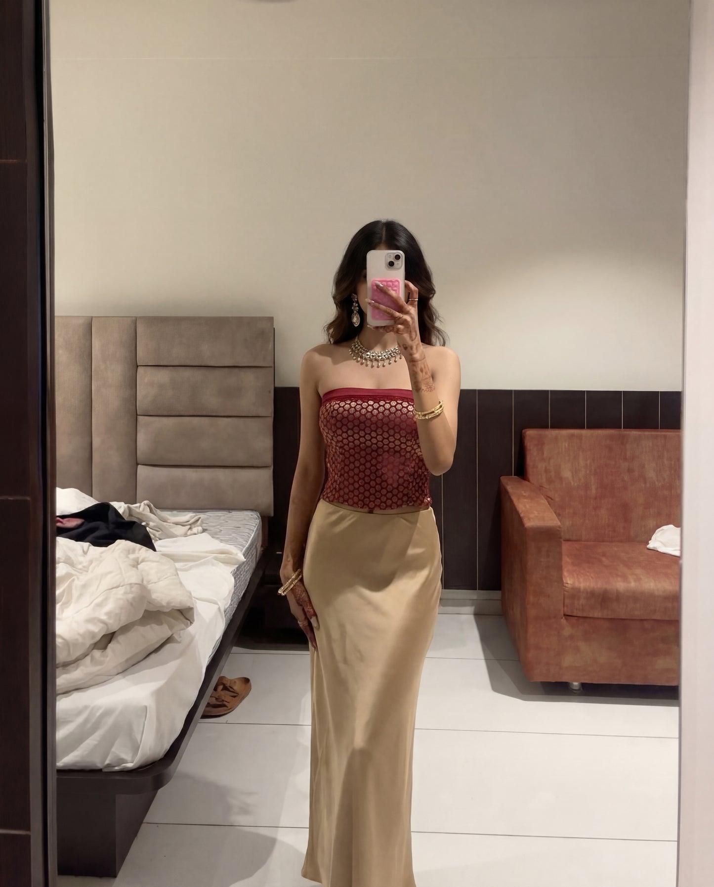 Brocade Corset Top And Champagne Satin Maxi Skirt Set