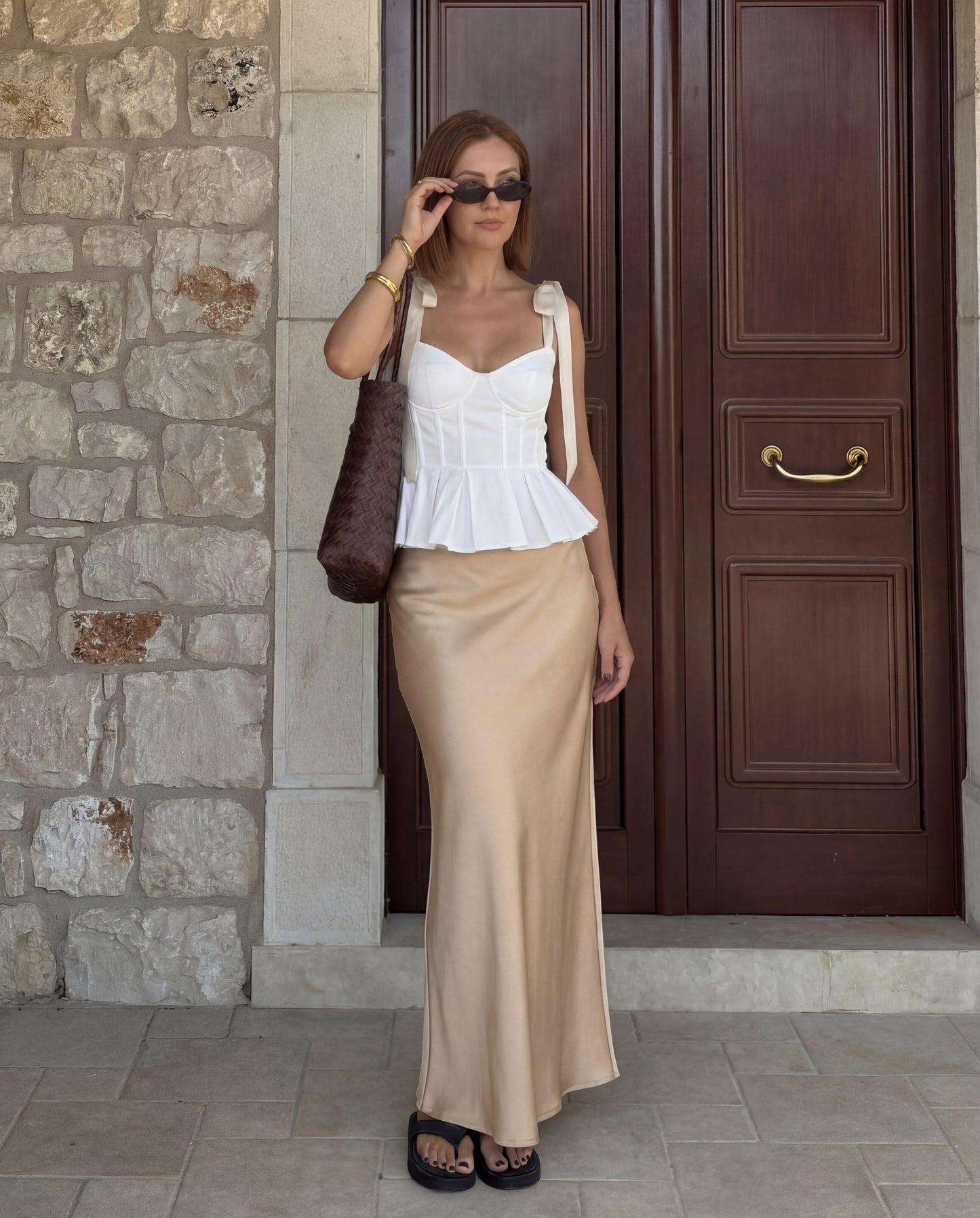 White Bowknot Straps Flared Top With Gold Satin Skirt