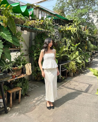 White Bubble Hem Camisole Top With Ivory Satin Skirt