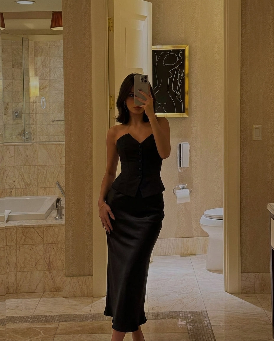 Black Bandeau Waistcoat With Satin Skirt Set