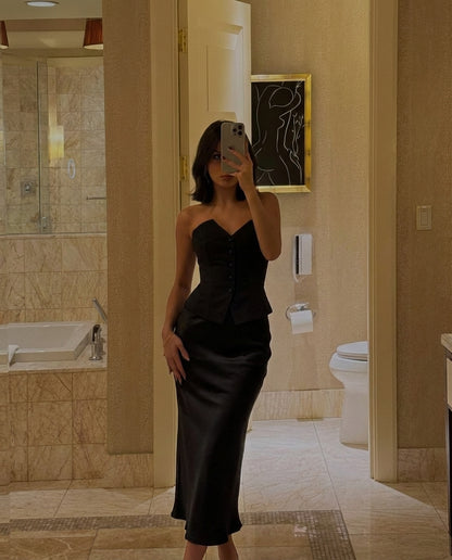 Black Bandeau Waistcoat With Satin Skirt Set