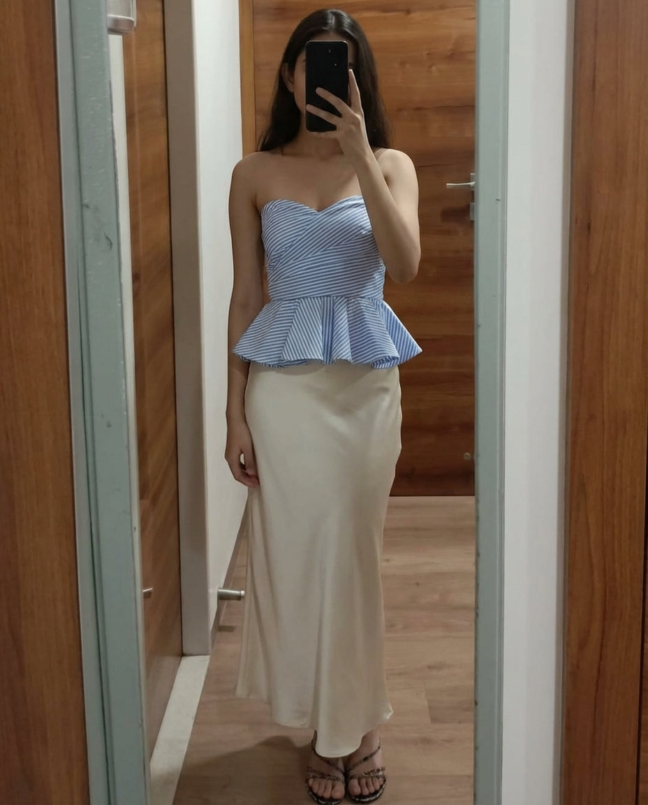 Blue Pinstripe Peplum Top With Ivory Satin Skirt