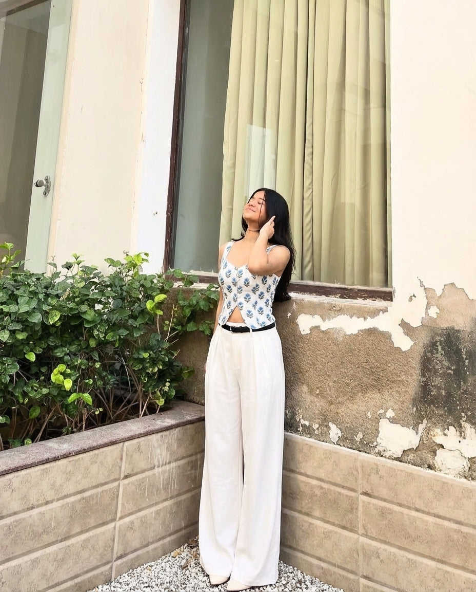 Printed Floral Corset Top With Pleated Korean Pants (Belt Included)