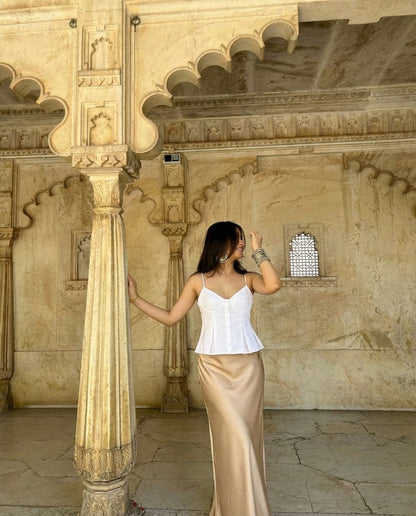 White Spaghetti Strap Peplum Top With Champagne Satin Skirt