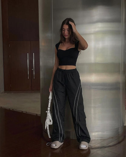 Sweet Heart Neckline Ribbed Top With Stripped Baggy Korean Pants