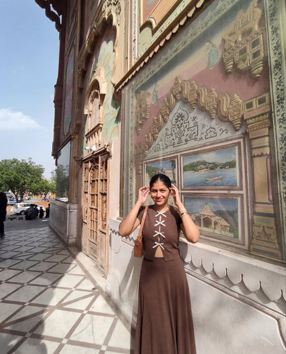 Brown Ribbed Bow Top And Skirt Set