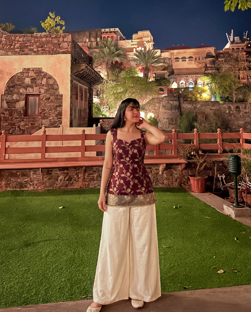 Burgundy & Gold Floral Brocade Sweetheart Neck Kurti