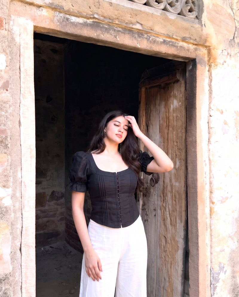 Paro Puff Sleeve Black Corset Top