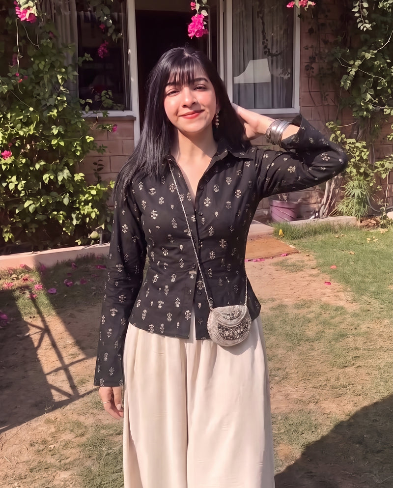 Black Block Print Bell Sleeve Top