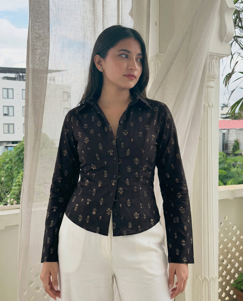 Black Block Print Bell Sleeve Top