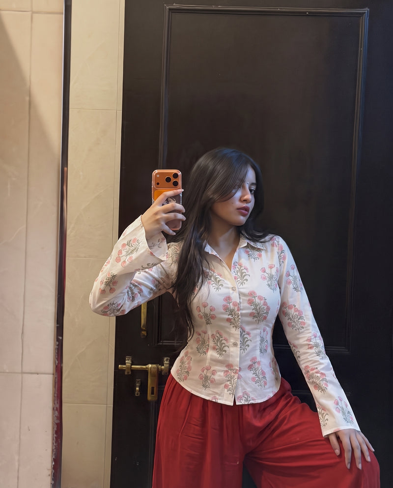 White Block Print Bell Sleeve Top