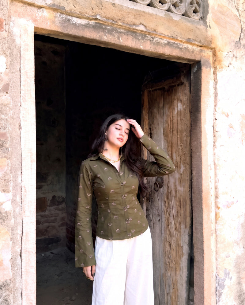 Olive Block Print Bell Sleeve Top