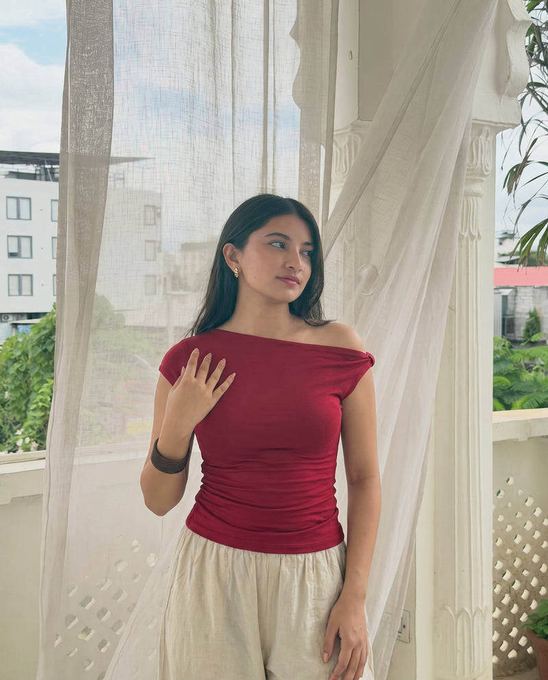 Asymmetric Offshoulder Top - Burgundy