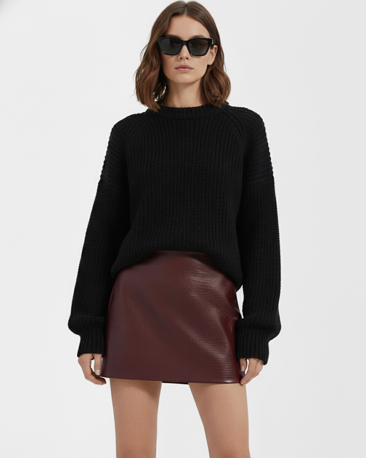 Leather Burgundy Textured A-Line Mini Skirt
