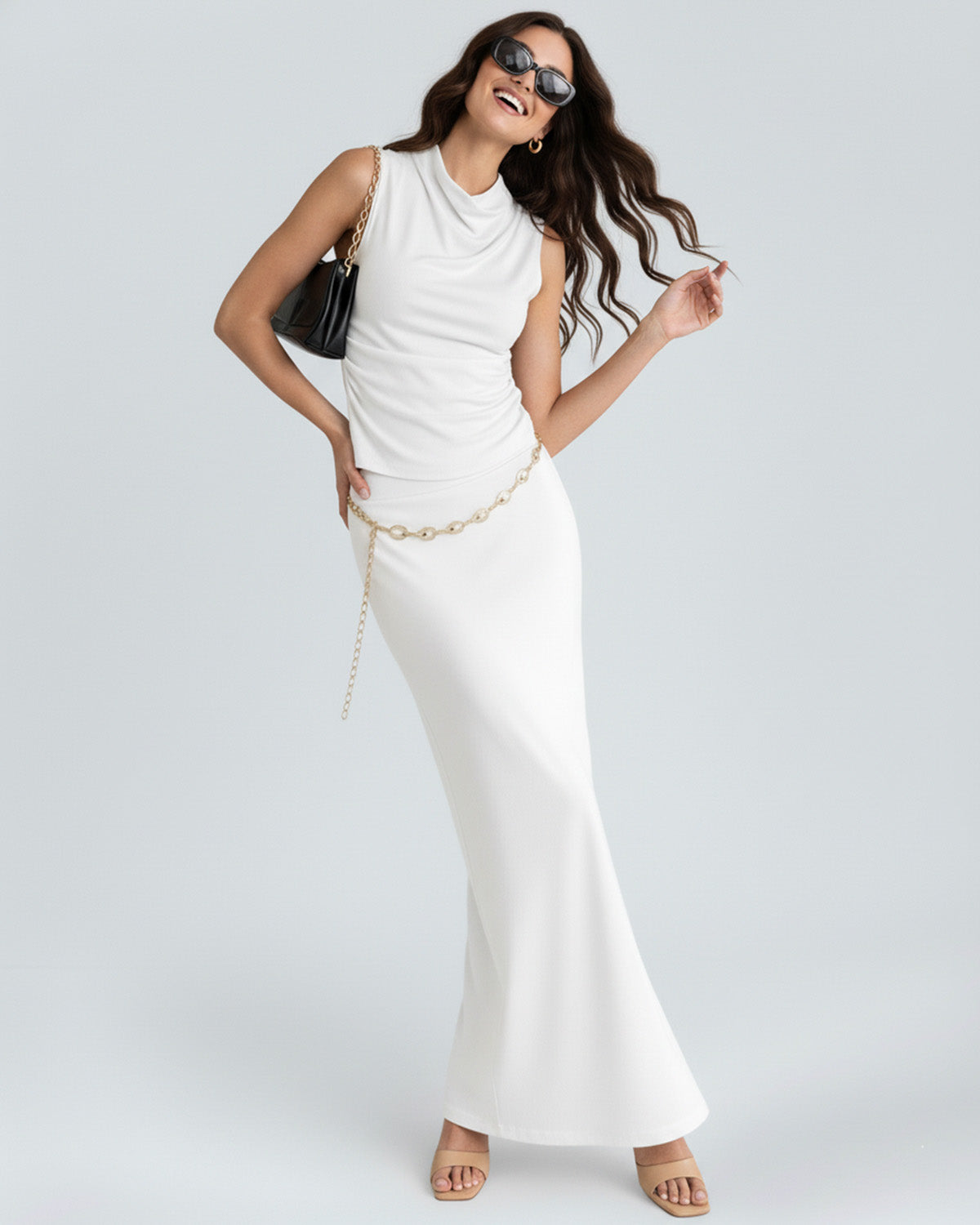 coord sets,tops,casual,summer,knitted, stretchable,ribbed,solid,gathered,skinny fit,fitted,regular,crew neck, long sleeves, OY305 white, 25100029GG