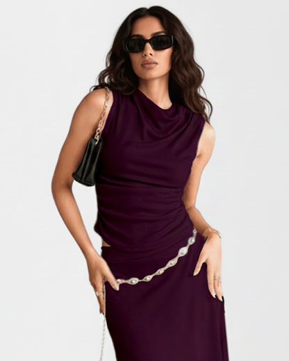 coord sets,tops,casual,summer,knitted, stretchable,ribbed,solid,gathered,skinny fit,fitted,regular,crew neck,long sleeves, OY305 wine, 25100030GG