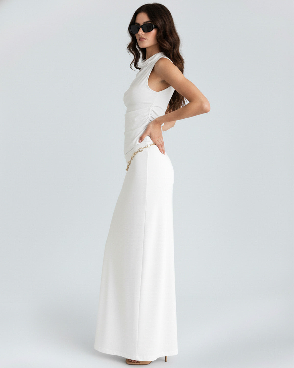 coord sets,tops,casual,summer,knitted, stretchable,ribbed,solid,gathered,skinny fit,fitted,regular,crew neck, long sleeves, OY305 white, 25100029GG