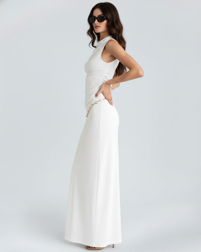 coord sets,tops,casual,summer,knitted, stretchable,ribbed,solid,gathered,skinny fit,fitted,regular,crew neck, long sleeves, OY305 white, 25100029GG