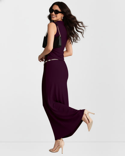 coord sets,tops,casual,summer,knitted, stretchable,ribbed,solid,gathered,skinny fit,fitted,regular,crew neck,long sleeves, OY305 wine, 25100030GG